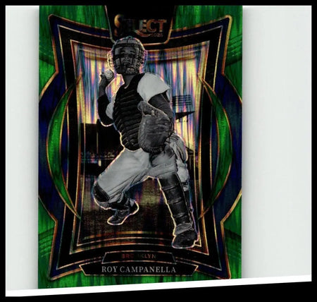 Green and black holographic 2025 panini select #44 roy campanella green flash prizms baseball card featuring campanella in catcher gear