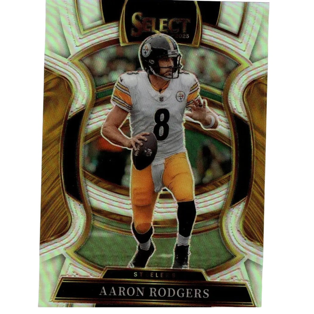 Aaron rodgers silver prizm card showing him in pittsburgh steelers #8 jersey with black helmet holding football from 2025 panini select