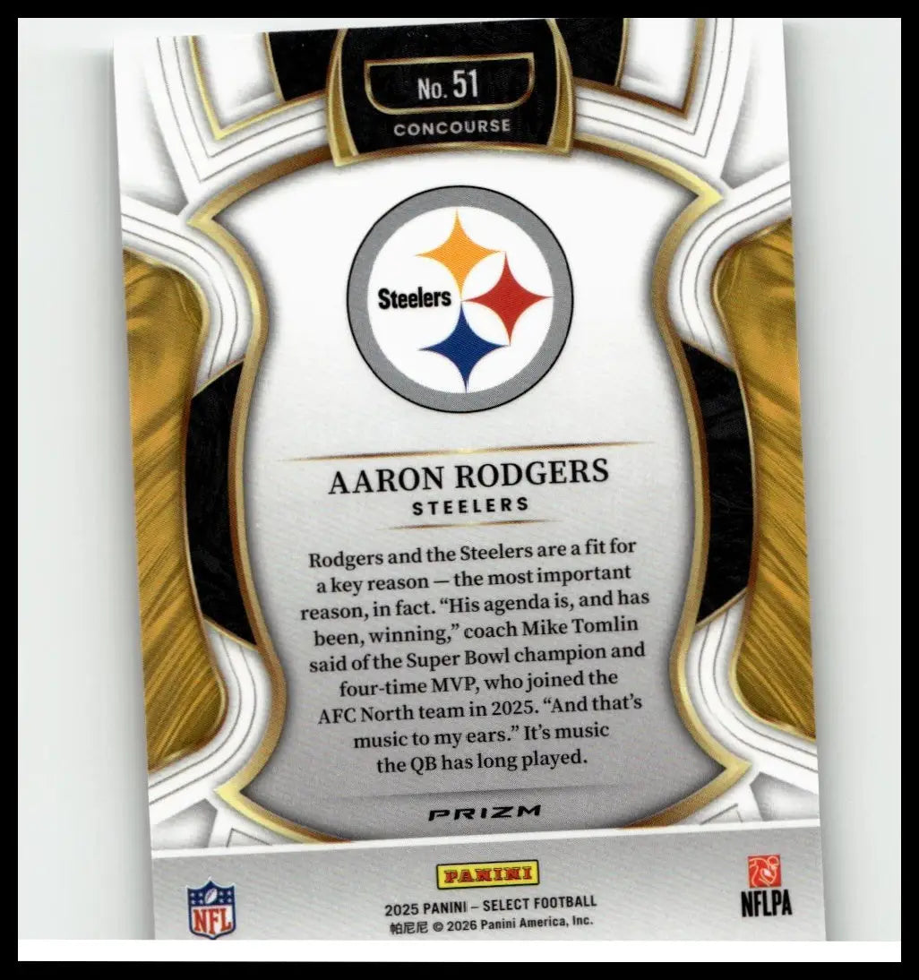 Silver and black 2025 panini select aaron rodgers silver prizm football card with gold foil accents and ornate border