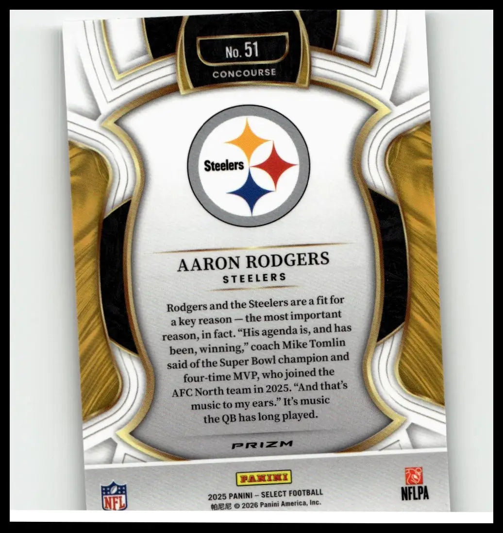 Silver and gold metallic football trading card featuring Aaron Rodgers silver prizm from 2025 Panini Select series