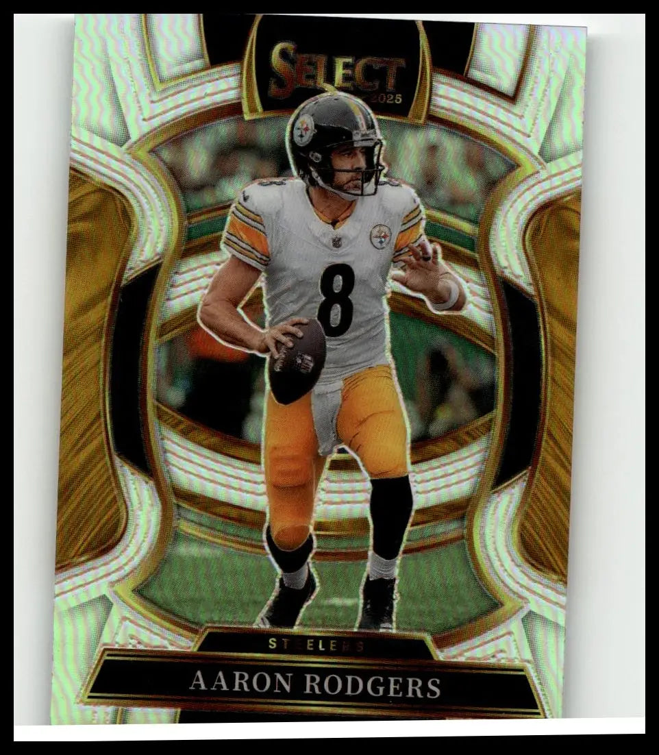 Aaron Rodgers silver prizm 2025 Panini Select card featuring Rodgers in white and gold Pittsburgh Steelers jersey number 8