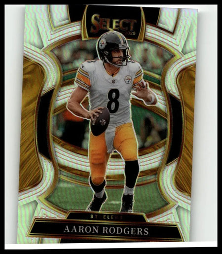 Aaron Rodgers silver prizm 2025 Panini Select card featuring Rodgers in white and gold Pittsburgh Steelers jersey number 8