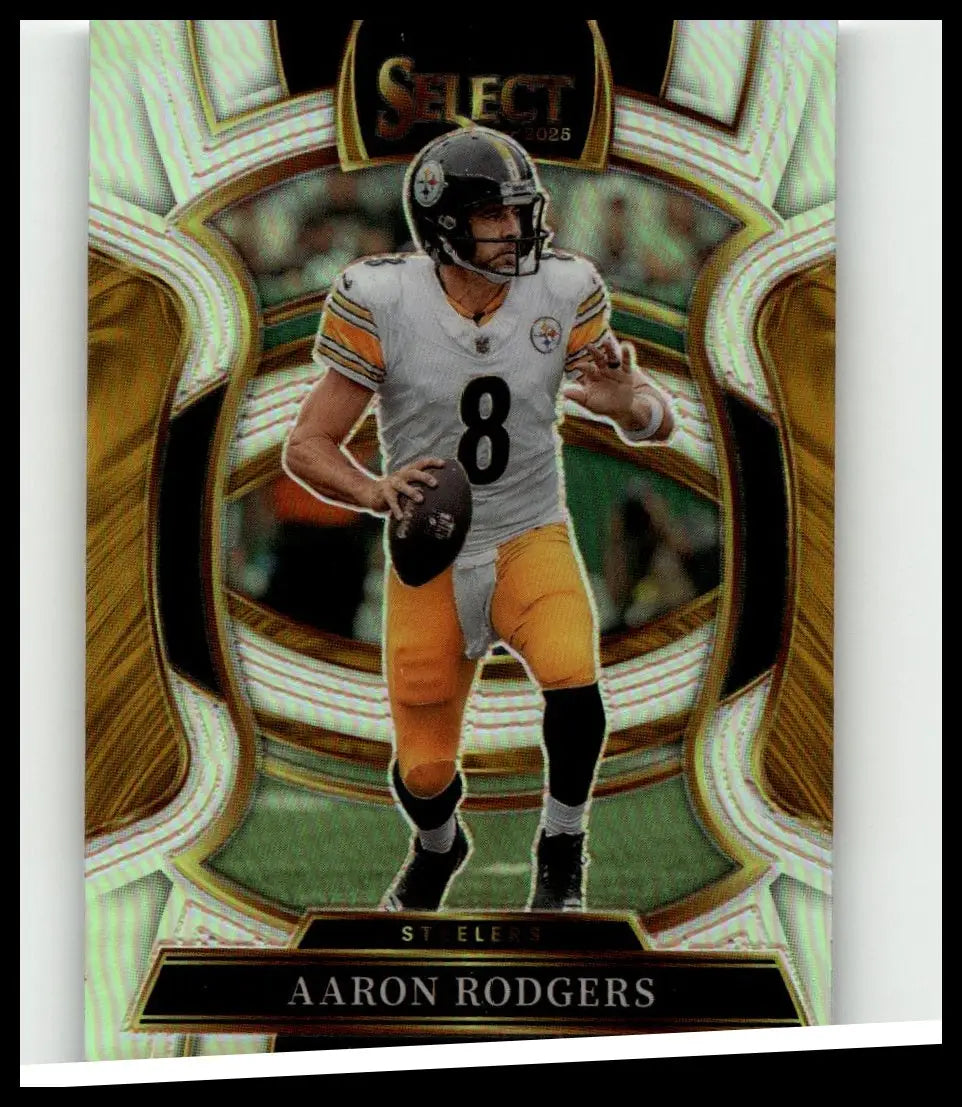 2025 panini select #51 aaron rodgers silver prizm card showing aaron rodgers in white and gold pittsburgh steelers jersey number 8 holding football