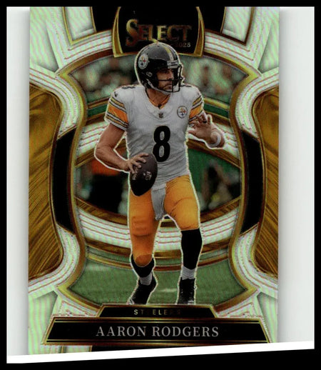 2025 panini select #51 aaron rodgers silver prizm card showing aaron rodgers in white and gold pittsburgh steelers jersey number 8 holding football