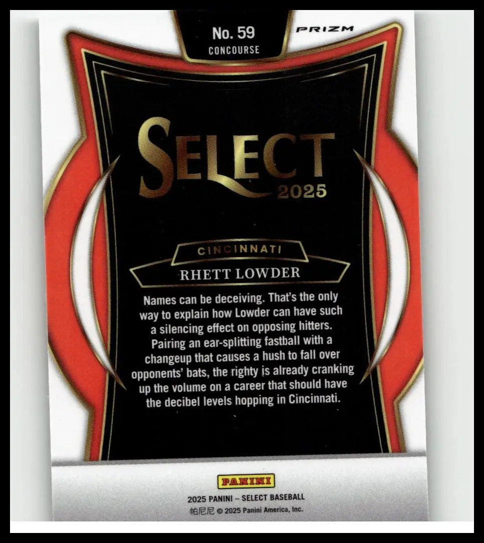 Black and red prizm select 2025 baseball card featuring cincinnati’s rhett lowder silver prizms #59