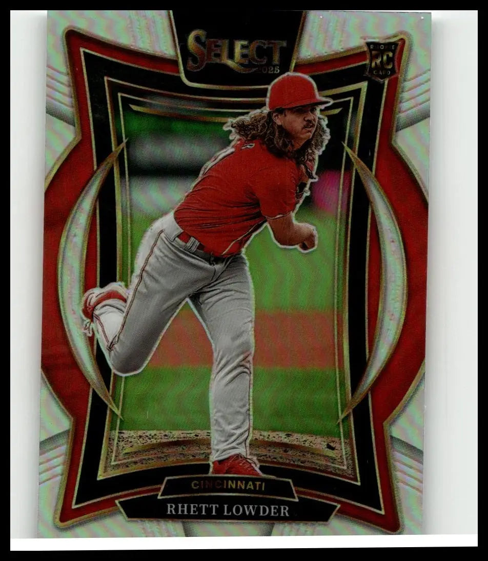 Red and gray 2025 panini select baseball card featuring rhett lowder silver in a dynamic pitching pose with ornate borders