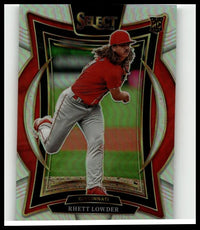 Red and gray 2025 panini select baseball card featuring rhett lowder silver in a dynamic pitching pose with ornate borders
