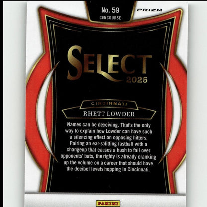 Black and red prizm select 2025 baseball card featuring cincinnati’s rhett lowder with gold lettering.