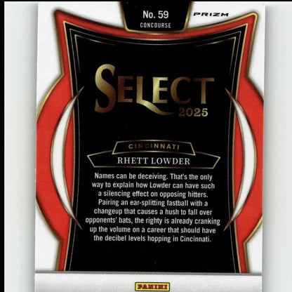 Black and red prizm select 2025 baseball card featuring cincinnati’s rhett lowder with gold lettering.