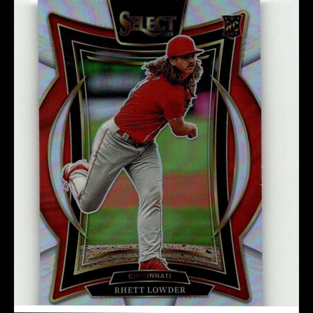 Red and gray baseball card featuring pitcher rhett lowder in mid-throw, framed with a glossy holographic border.