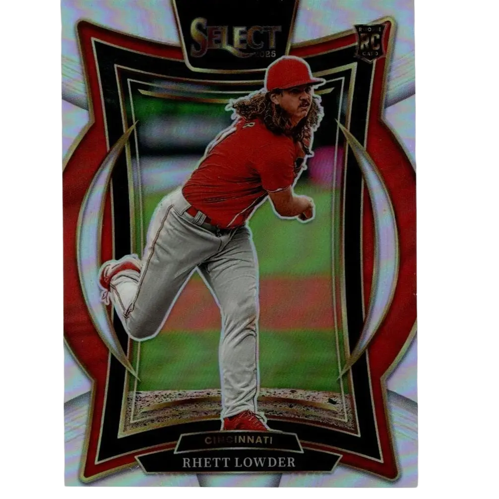 Red and gray baseball card featuring pitcher rhett lowder in mid-throw, framed with a glossy holographic border.