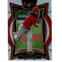 Red and gray baseball card featuring pitcher rhett lowder in mid-throw, framed with a glossy holographic border.