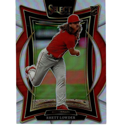 Red and gray baseball card featuring pitcher rhett lowder in mid-throw, framed with a glossy holographic border.