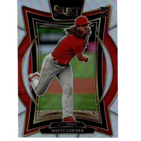 Red and gray baseball card featuring pitcher rhett lowder in mid-throw, framed with a glossy holographic border.