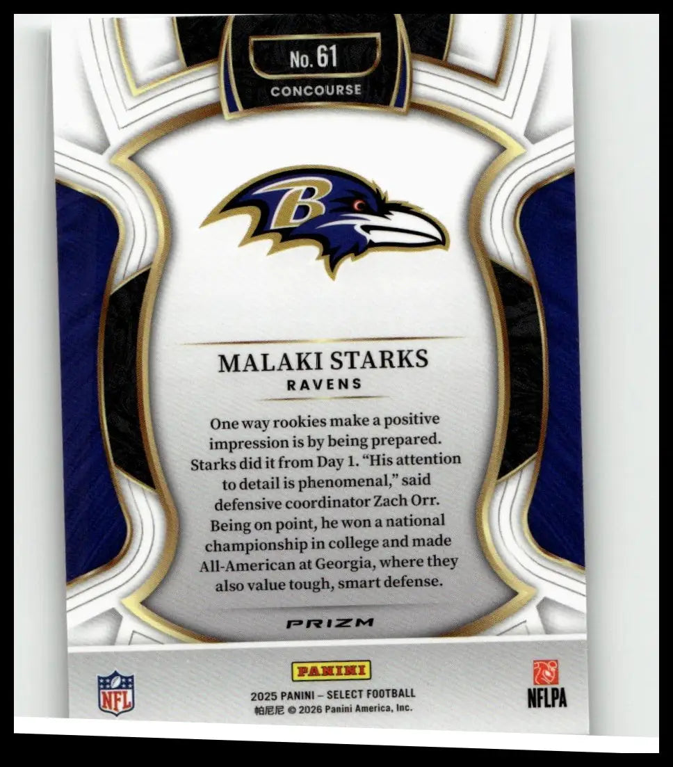 Blue and white baltimore ravens football trading card featuring malaki starks silver prizm from 2025 panini select series