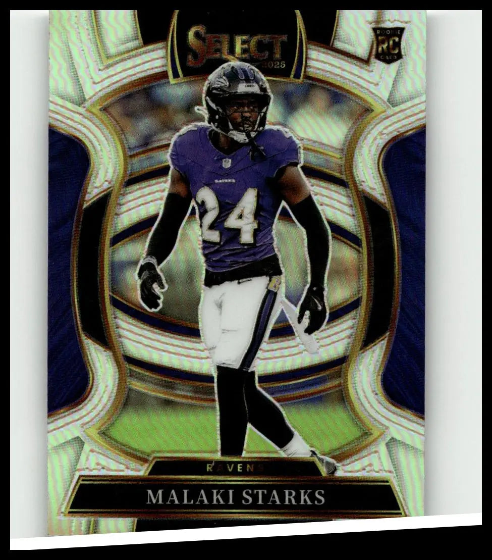 Purple and white baltimore ravens malaki starks silver prizm jersey number 24 from 2025 panini select collection