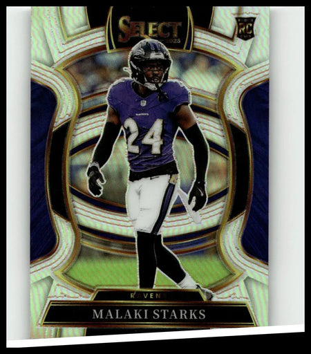 Purple and white baltimore ravens malaki starks silver prizm jersey number 24 from 2025 panini select collection