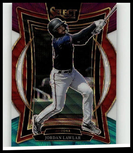 A glossy 2025 Panini Select #62 Jordan Lawlar baseball trading card showing him mid-swing in a blue jersey