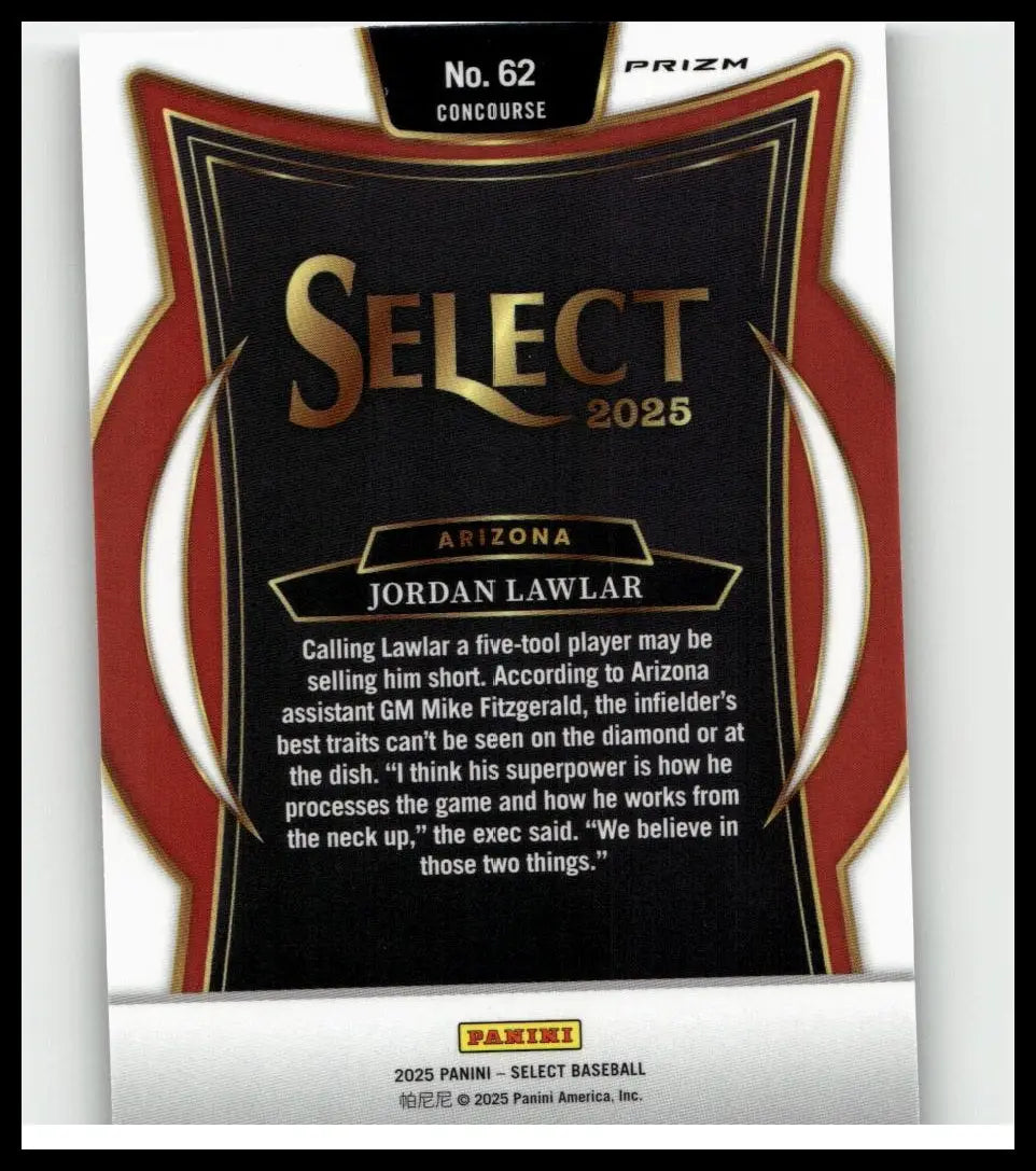 Black and red panini select baseball trading card with gold lettering featuring jordan lawlar from arizona