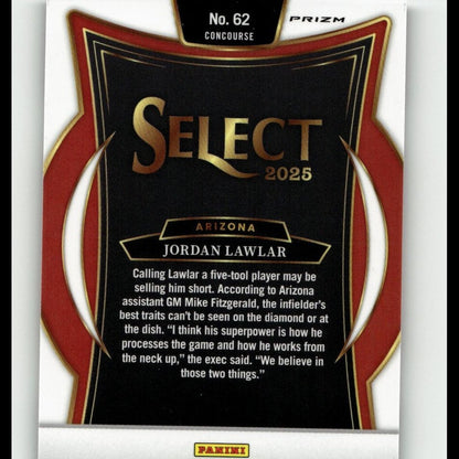 Black and red baseball trading card with gold lettering, featuring jordan lawlar from arizona.