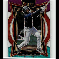 This is a vibrant, glossy baseball trading card featuring jordan lawlar in mid-swing action.