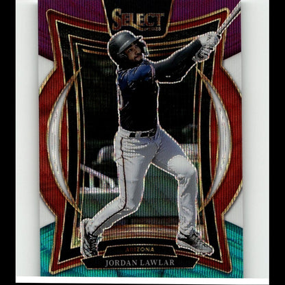This is a vibrant, glossy baseball trading card featuring jordan lawlar in mid-swing action.
