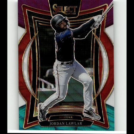This is a vibrant, glossy baseball trading card featuring jordan lawlar in mid-swing action.