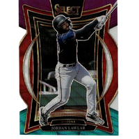 This is a vibrant, glossy baseball trading card featuring jordan lawlar in mid-swing action.