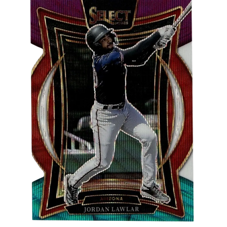 This is a vibrant, glossy baseball trading card featuring jordan lawlar in mid-swing action.