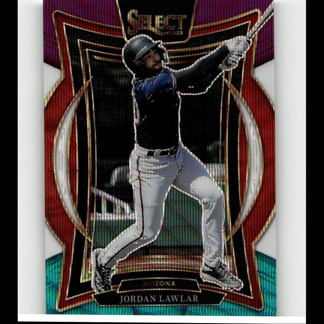 This is a vibrant, glossy baseball trading card featuring jordan lawlar in mid-swing action.