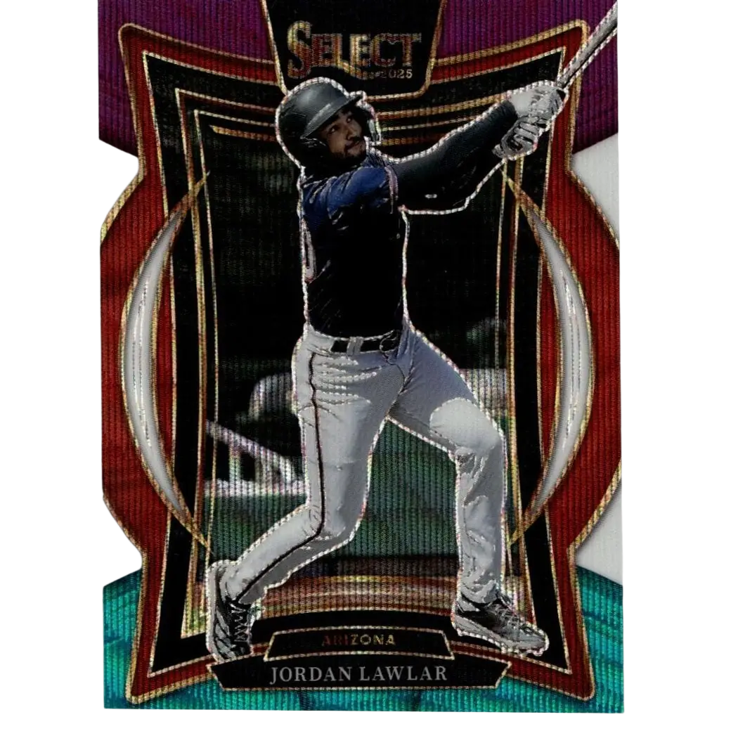 This is a vibrant, glossy baseball trading card featuring jordan lawlar in mid-swing action.