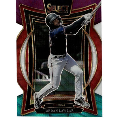 This is a vibrant, glossy baseball trading card featuring jordan lawlar in mid-swing action.