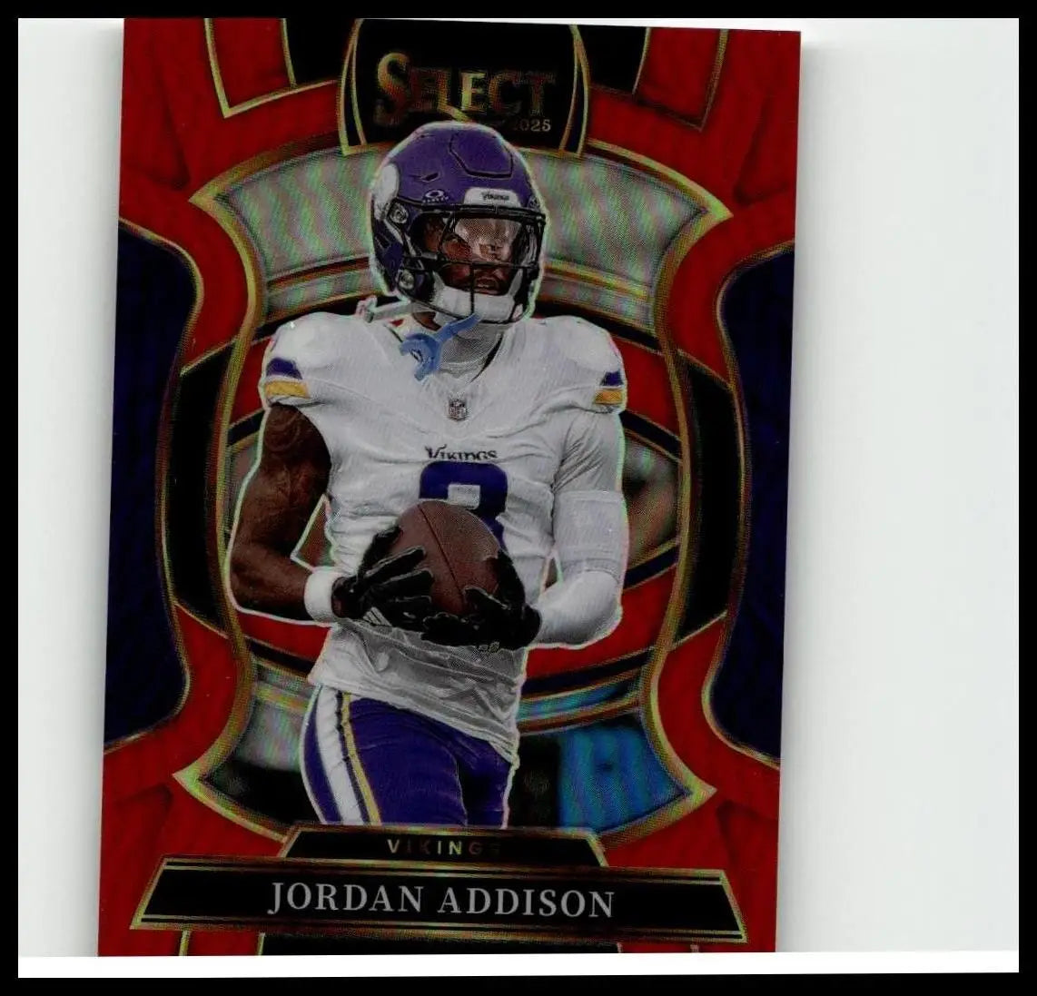 A vibrant red and gold bordered 2025 panini select jordan addison red prizm football card numbered 65 of 99