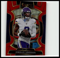 A vibrant red and gold bordered 2025 panini select jordan addison red prizm football card numbered 65 of 99
