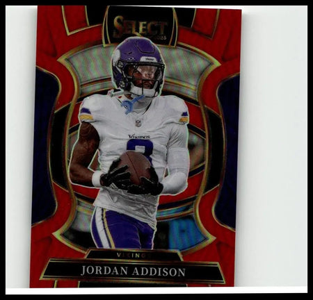 A vibrant red and gold bordered 2025 panini select jordan addison red prizm football card numbered 65 of 99