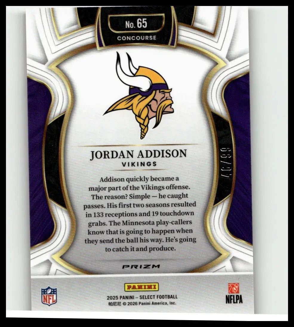 Silver and purple 2025 panini select jordan addison red prizm nfl trading card with gold trim detailing numbered to 99