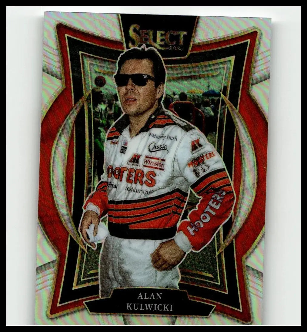 2025 panini select #68 alan kulwicki silver prizms trading card featuring kulwicki in white red hooters racing suit