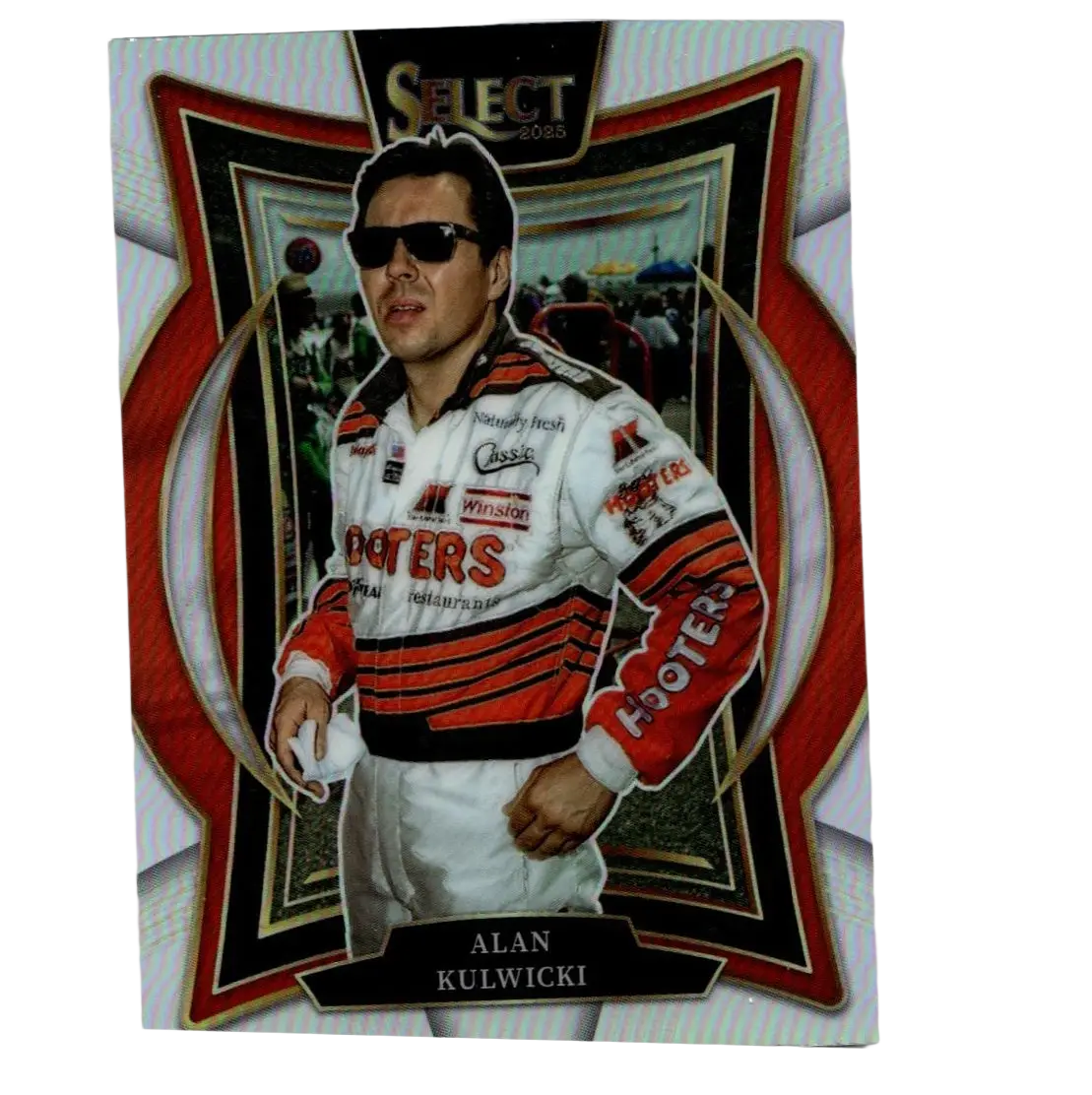 2025 panini select #68 alan kulwicki silver prizms trading card featuring kulwicki in white red and black racing suit