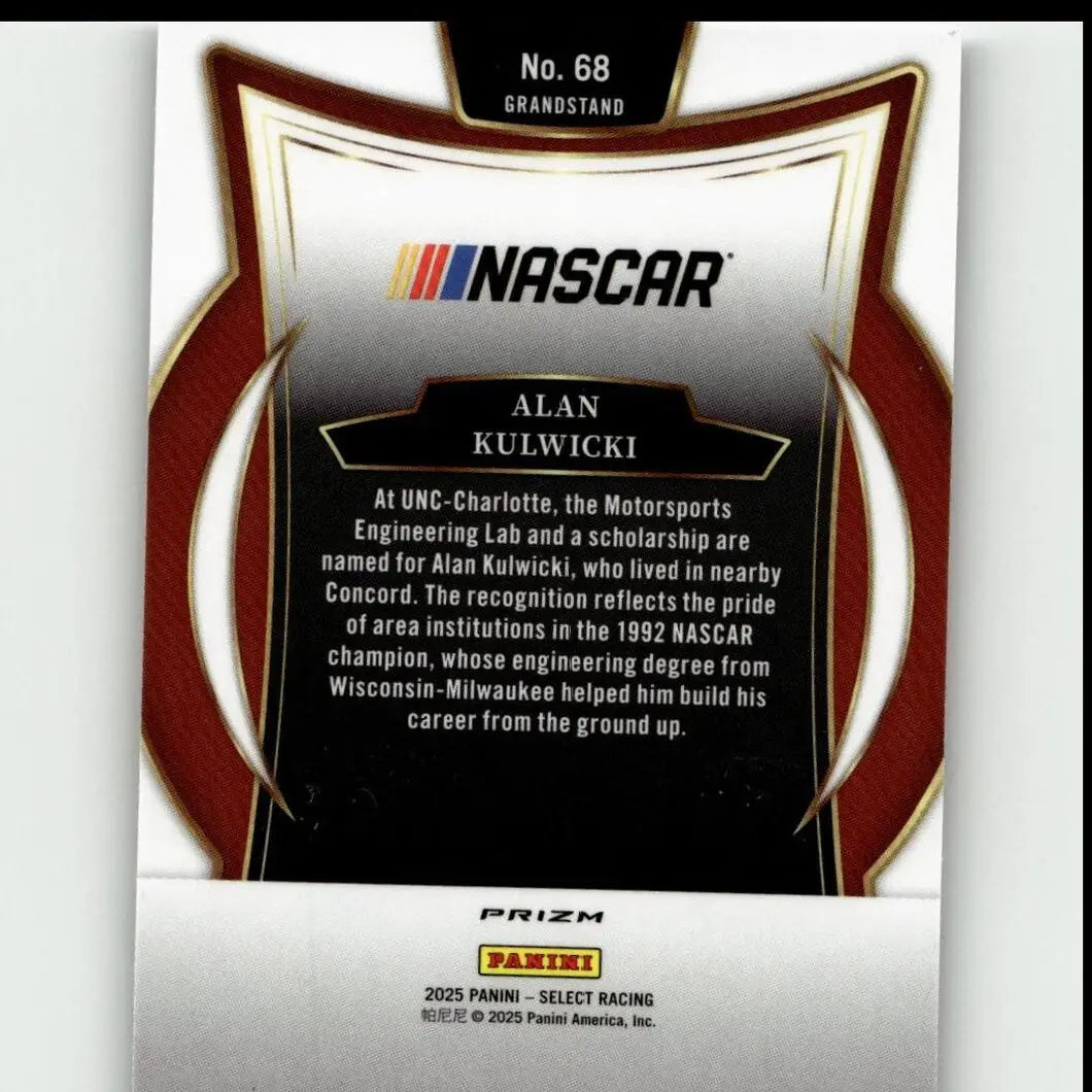 Black and silver nascar trading card featuring alan kulwicki with red and gold accents from 2025 panini select kulwicki silver prizms