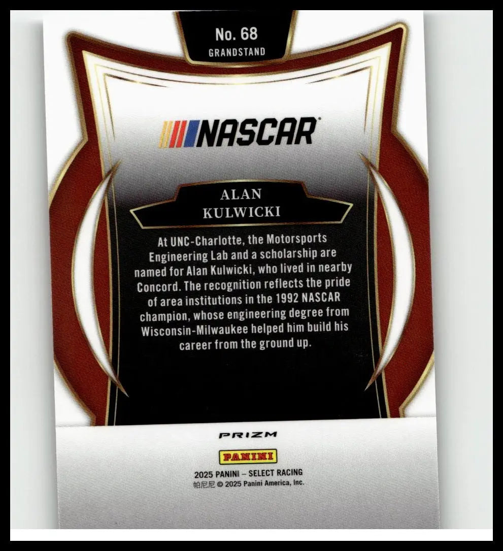 Nascar trading card featuring alan kulwicki silver prizms with silver and maroon shield design and black text on white background