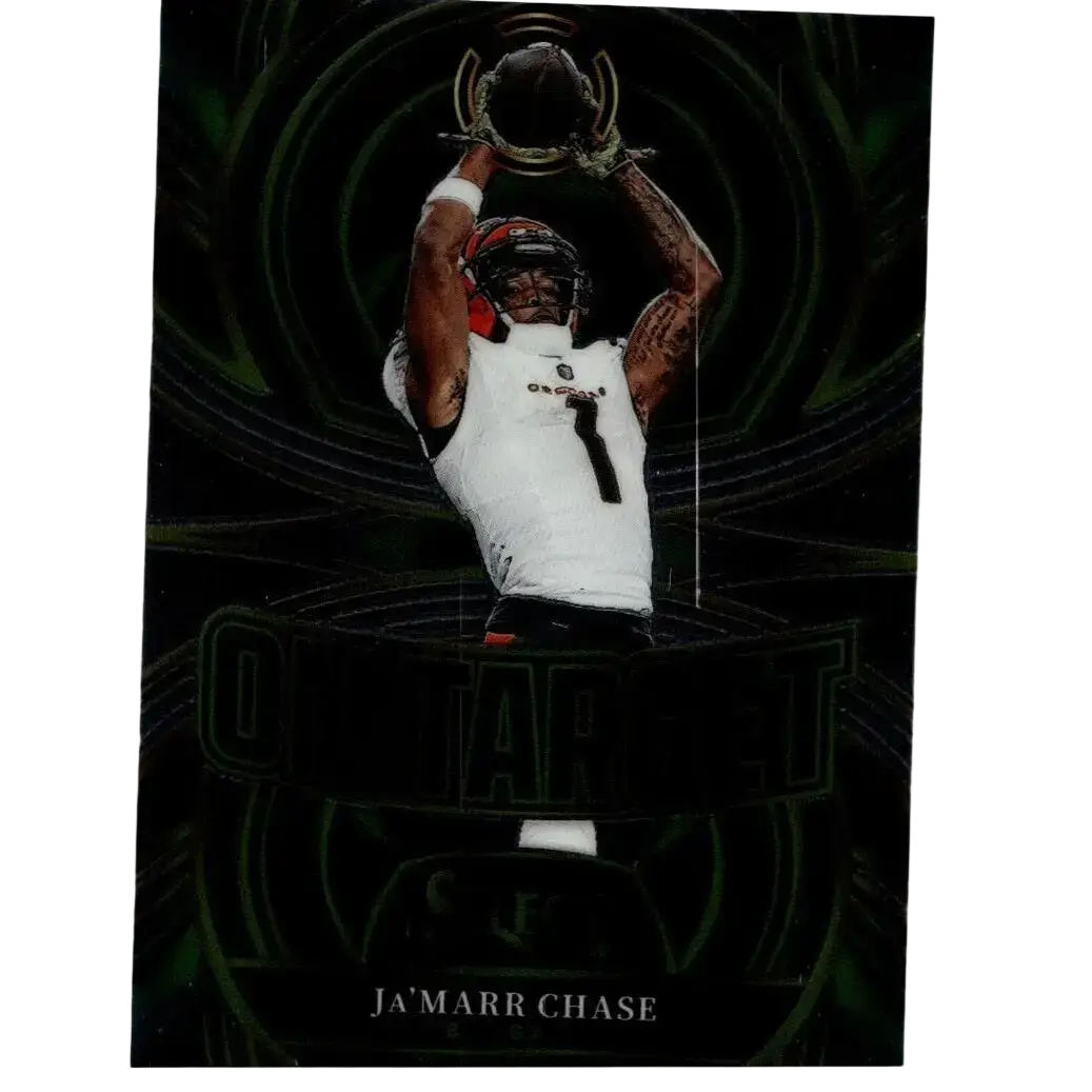 Black and green holographic panini select football trading card featuring ja’marr chase in white jersey holding a football
