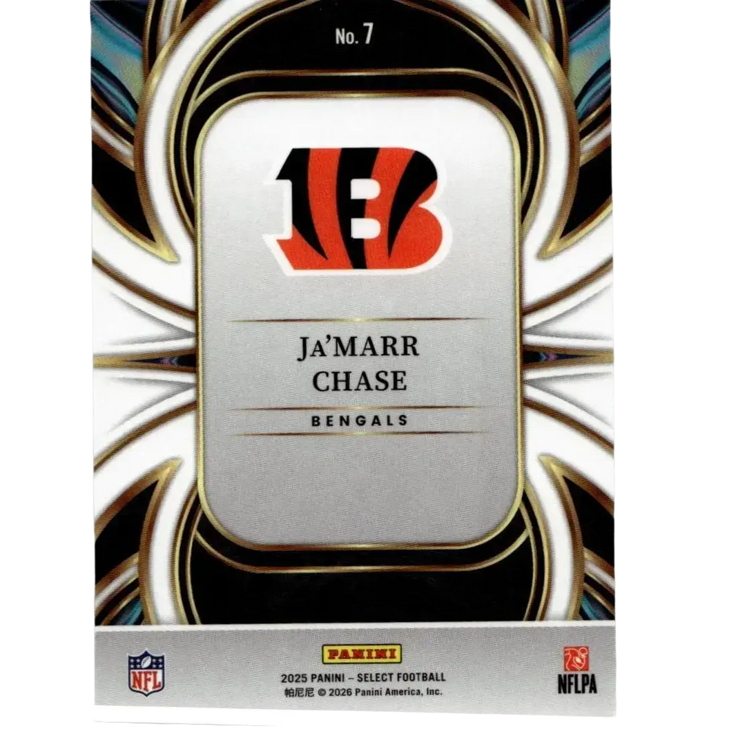 Silver and black panini select football trading card featuring ja’marr chase and cincinnati bengals logo with orange accents