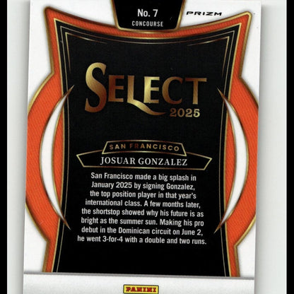 Black and orange prizm select 2025 baseball card featuring josuar gonzalez from san francisco, numbered 45/149.