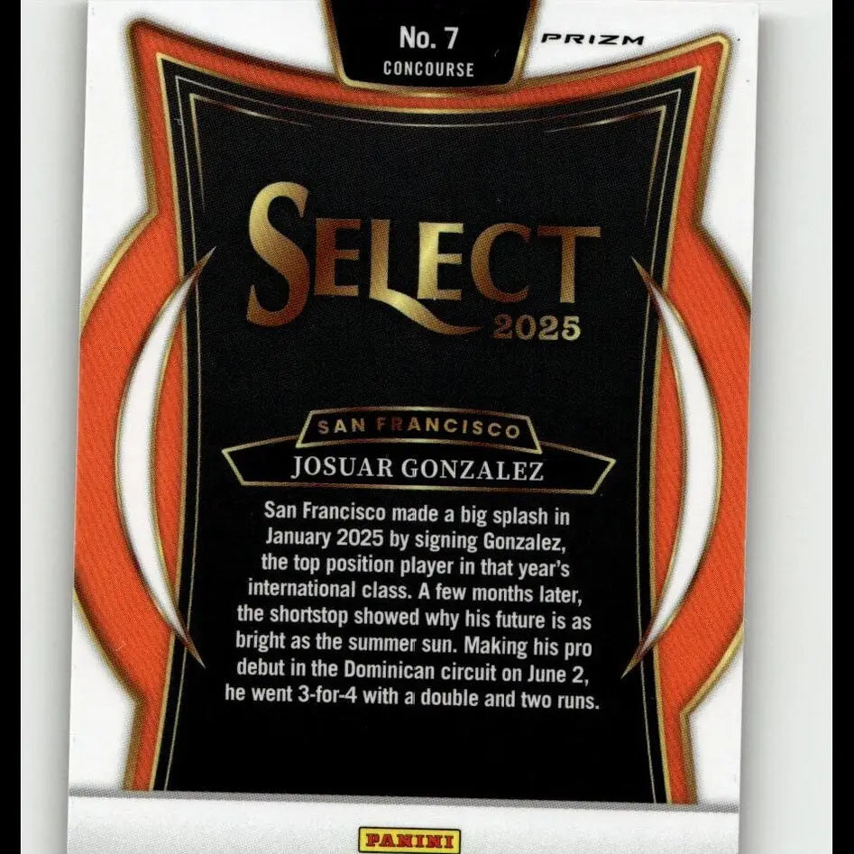 Black and orange prizm select 2025 baseball card featuring josuar gonzalez from san francisco, numbered 45/149.
