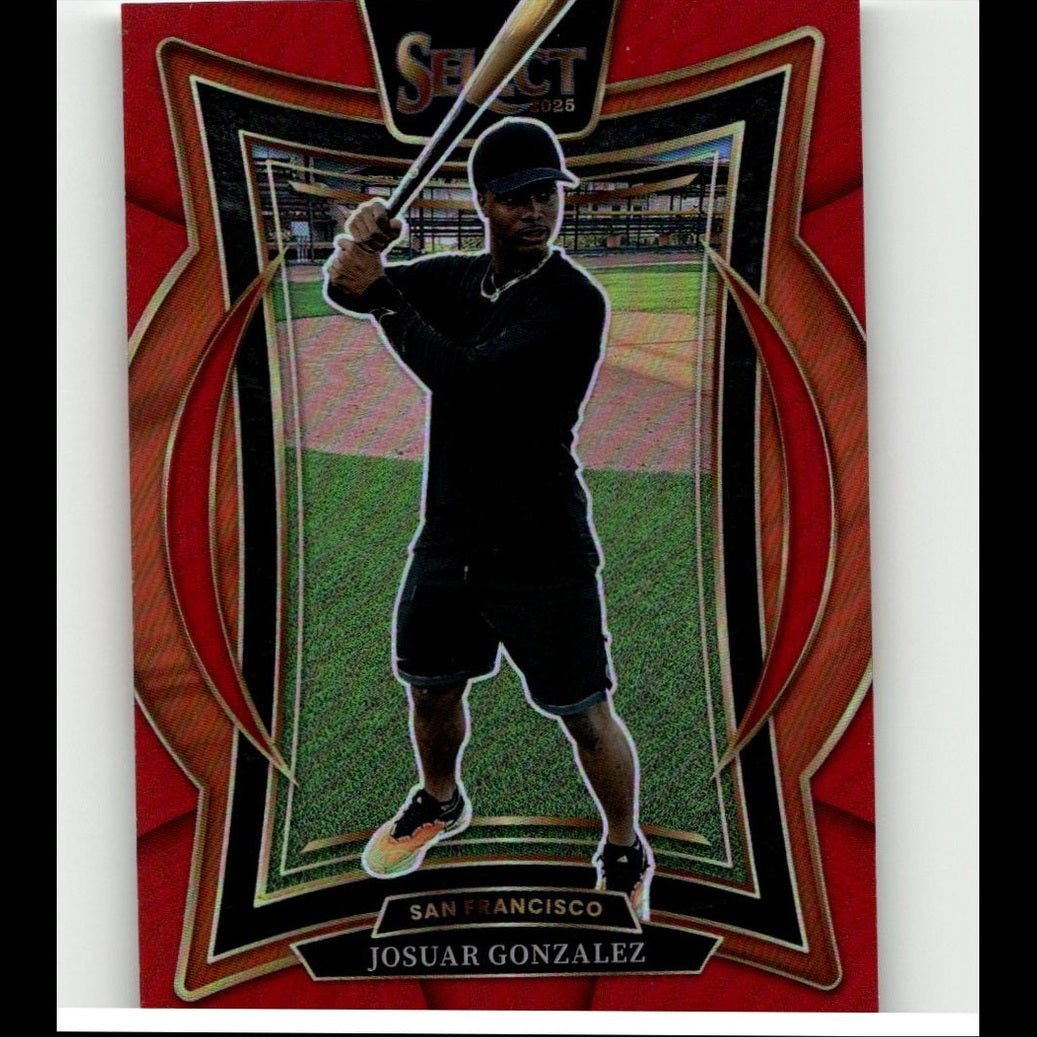 Red and black baseball trading card featuring a player in silhouette holding a bat, with ’select 2025’’ branding at the top.