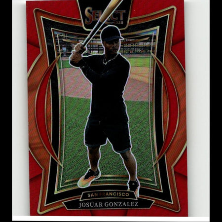 Red and black baseball trading card featuring a player in silhouette holding a bat, with ’select 2025’’ branding at the top.