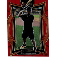 Red and black baseball trading card featuring a player in silhouette holding a bat, with ’select 2025’’ branding at the top.
