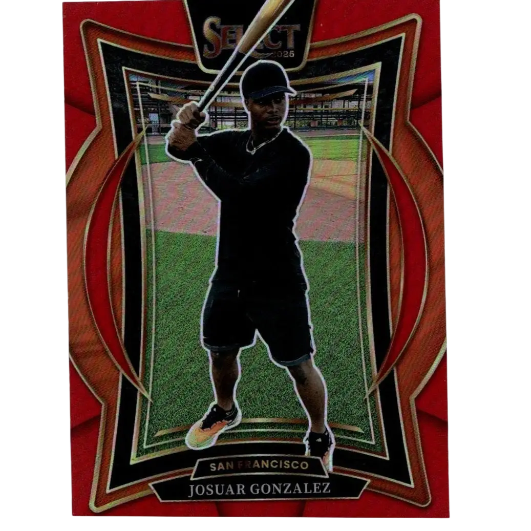 Red and black baseball trading card featuring a player in silhouette holding a bat, with ’select 2025’’ branding at the top.