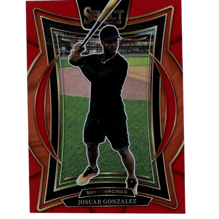 Red and black baseball trading card featuring a player in silhouette holding a bat, with ’select 2025’’ branding at the top.