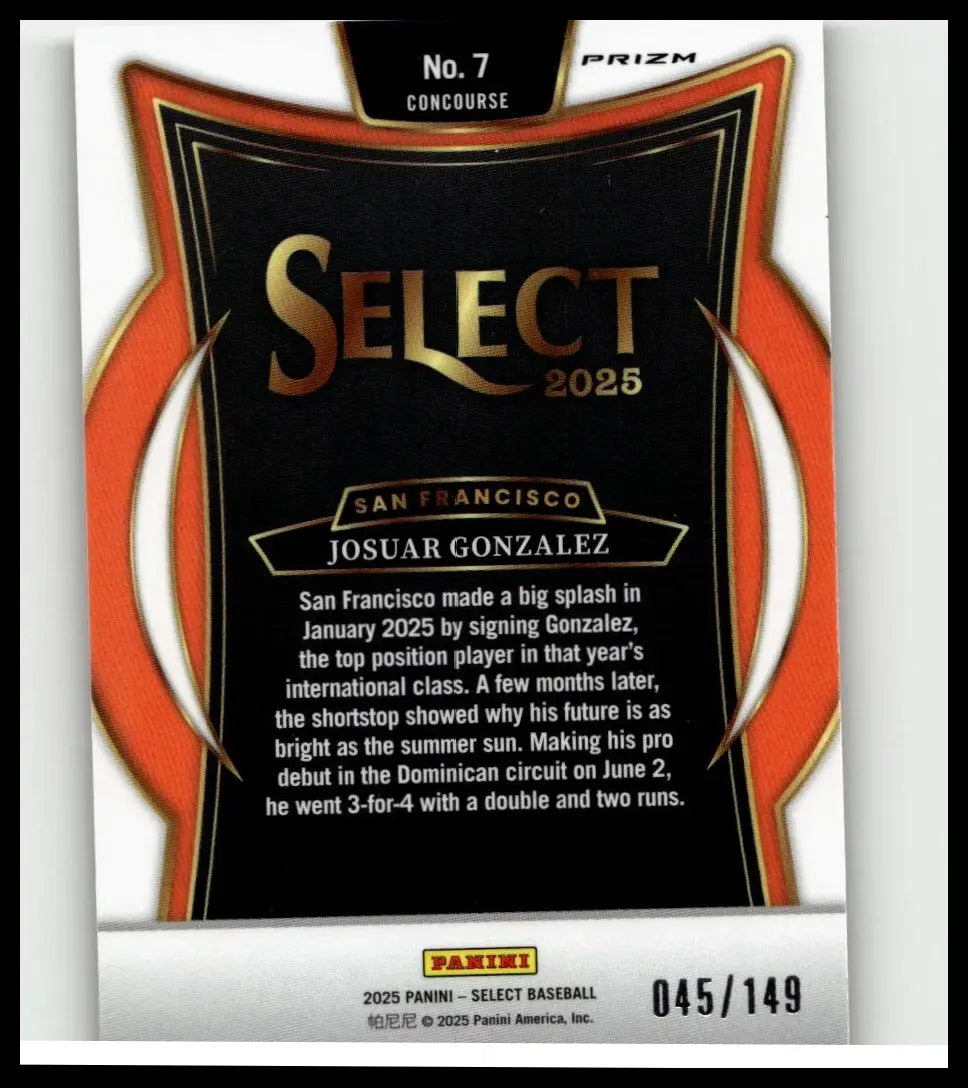 Black and orange 2025 panini select josuar gonzalez red prizms baseball trading card with gold foil lettering number 7
